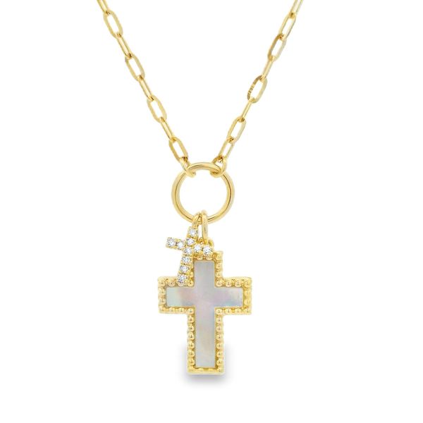14K YG 0.03ctw Diamond and a Mother Of Pearl Cross Pendants on a 18