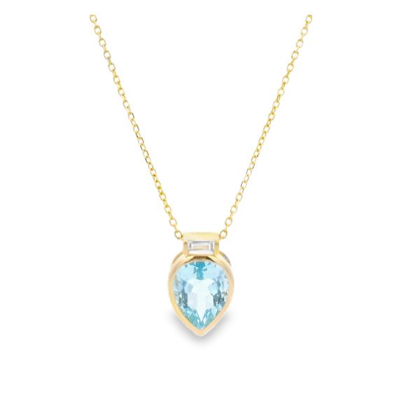 14K YG Pear Cut Blue Topaz Pendant with 0.06ctw Diamond Baguette Accent, 18