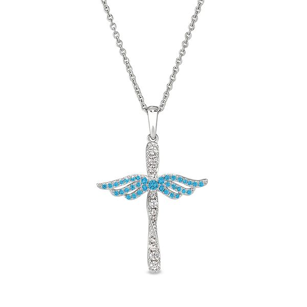 Sterling Silver Micropave Angel Wings Cross with Simulated Blue Topaz Blocher Jewelers Ellwood City, PA