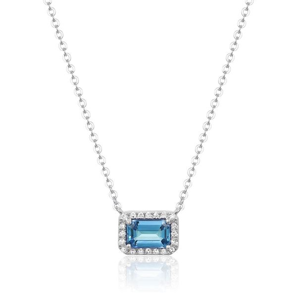 14K White Gold Necklace with Emerald Blue Topaz and Round Diamonds Blocher Jewelers Ellwood City, PA