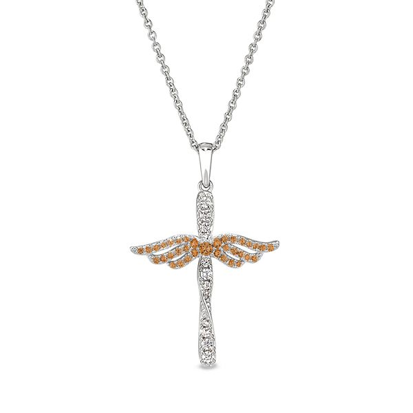 Sterling Silver Micropave Angel Wings Cross with Simulated Citrine Necklace Blocher Jewelers Ellwood City, PA