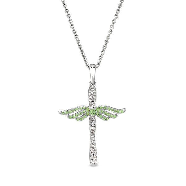 Sterling Silver Micropave Angel Wings Cross with Simulated Peridot Blocher Jewelers Ellwood City, PA