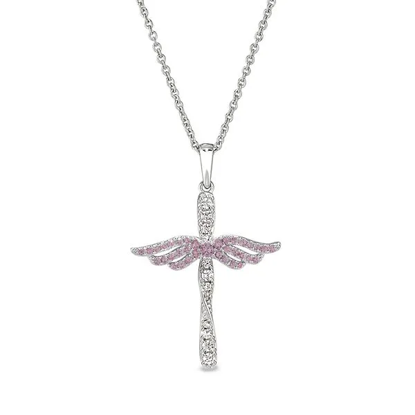 Platinum Finish Sterling Silver Micropave Angel Wings Cross with Simulated Pink Sapphire & Diamonds Blocher Jewelers Ellwood City, PA