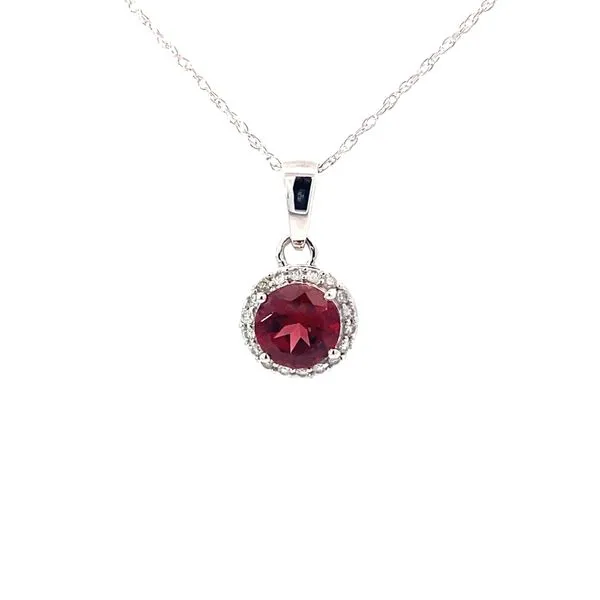 14K White Gold Round Garnet with Halo Pendant Necklace Blocher Jewelers Ellwood City, PA