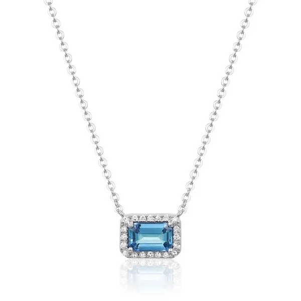 White 14 Karat Necklace with Emerald Blue Topaz and Round Diamonds Blocher Jewelers Ellwood City, PA