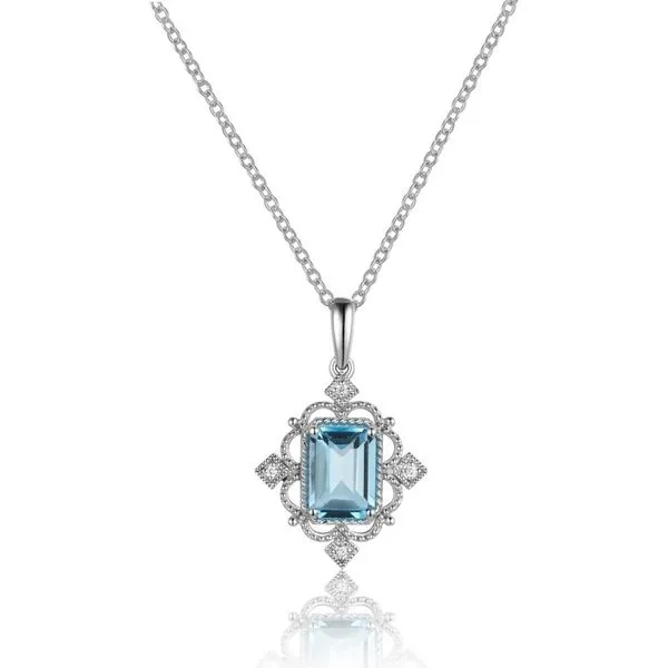 14K White Gold Floral Frame Necklace with Blue Topaz and Diamond Blocher Jewelers Ellwood City, PA