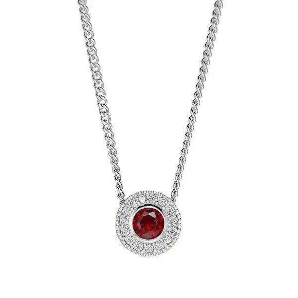 Sterling Silver Micropave Round Simulated Garnet And Diamond Necklace On 18