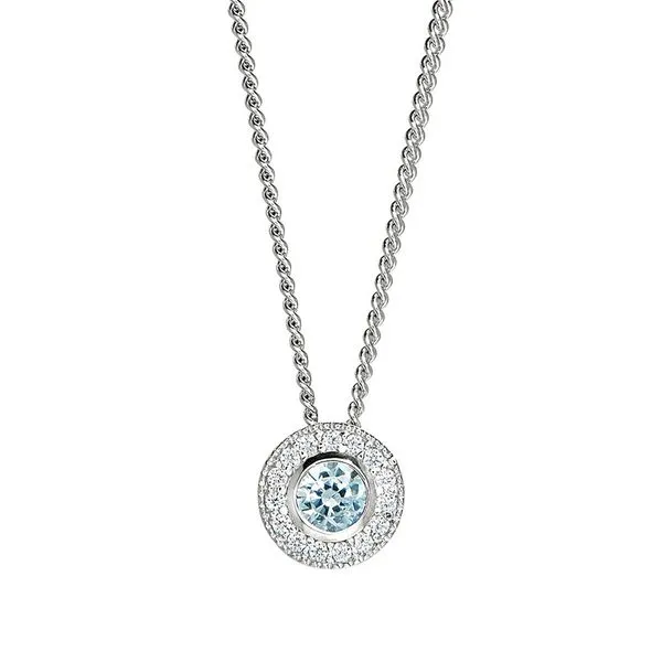 Sterling Silver Micropave Round Simulated Aquamarine And Diamond Necklace On 18