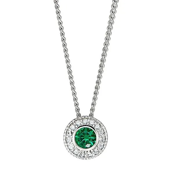 Sterling Silver Micropave Round Simulated Emerald And Diamond Necklace On 18