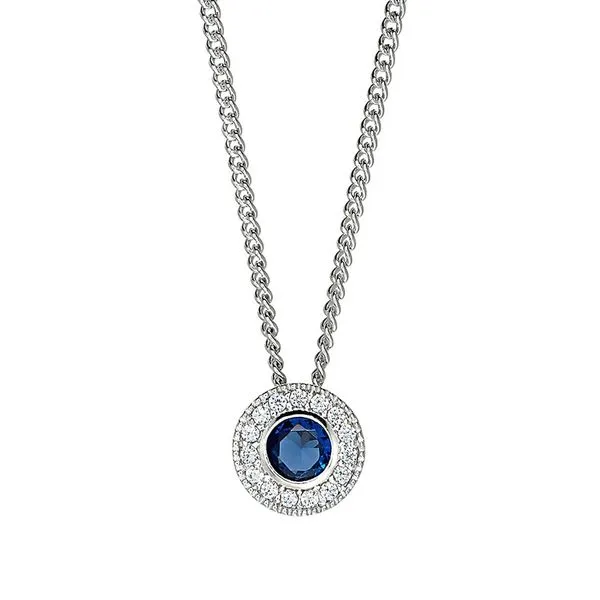 Sterling Silver Micropave Round Simulated Sapphire And Diamond Necklace On 18