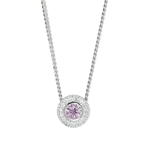 Sterling Silver Micropave Round Simulated Pink Sapphire And Diamond Necklace On 18