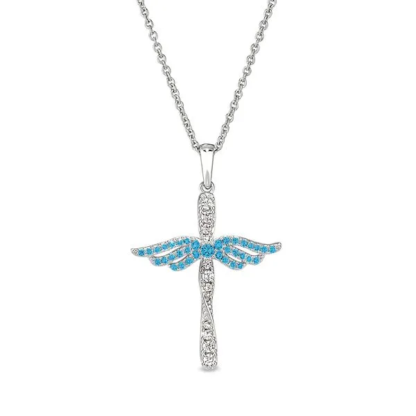 Platinum Finish Sterling Silver Micropave Angel Wings Cross with Simulated Blue Topaz & Diamonds Blocher Jewelers Ellwood City, PA