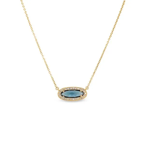 Sterling Silver Micropave Oblong Necklace with Simulated London Blue Topaz Blocher Jewelers Ellwood City, PA