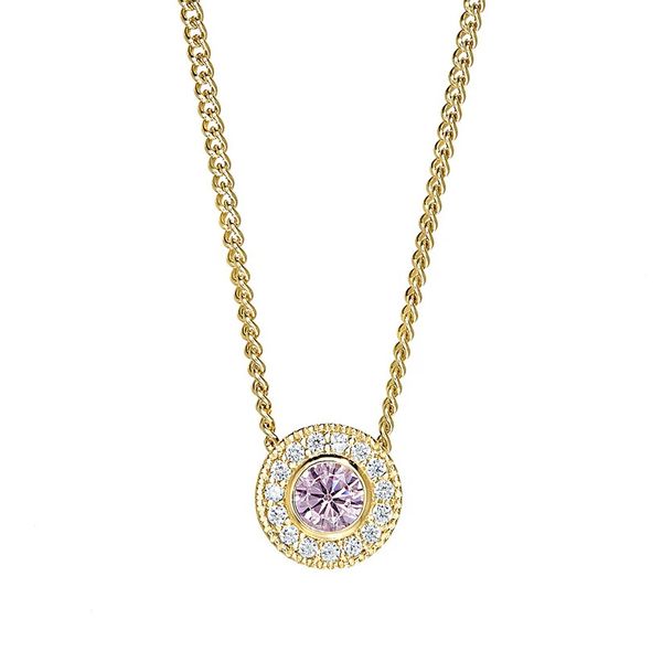Gold Vermeil Sterling Silver Micropave Round Simulated Pink Sapphire and Diamond Necklace on 18