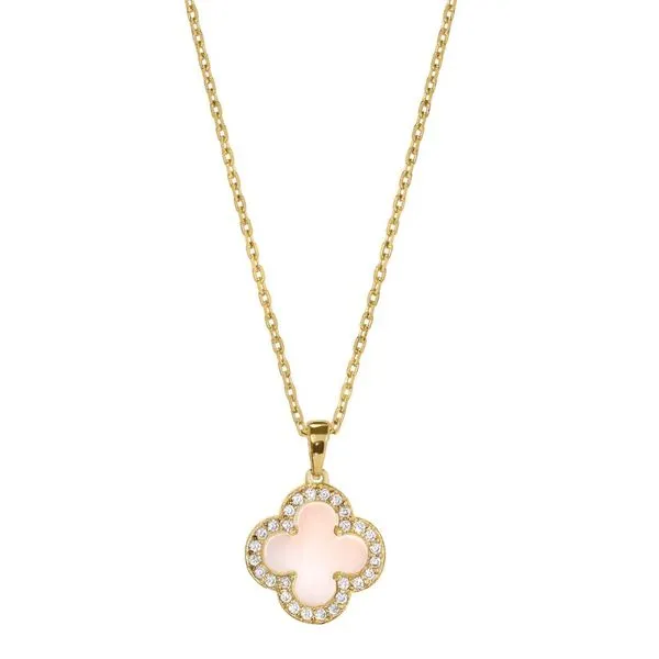 Gold Vermeil Sterling Silver Clover Pendant with Pink Mother of Pearl and Simulated Diamonds on 16
