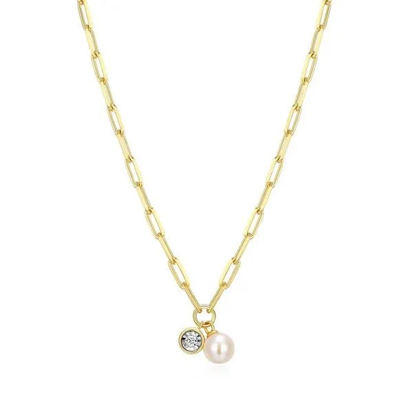 June Birthstone Freshwater Pearl & Lab-Created Diamond Mini Paperclip Necklace in 14K Yellow Gold-Plated Sterling Silver, 16