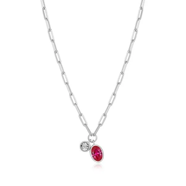 July Birthstone Lab-Created Ruby & Lab-Created Diamond Mini Paperclip Necklace in Rhodium-Plated Sterling Silver, 16