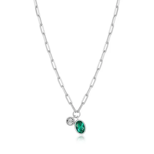 May Birthstone Lab-Created Emerald & Lab-Created Diamond Mini Paperclip Necklace in Rhodium-Plated Sterling Silver, 16