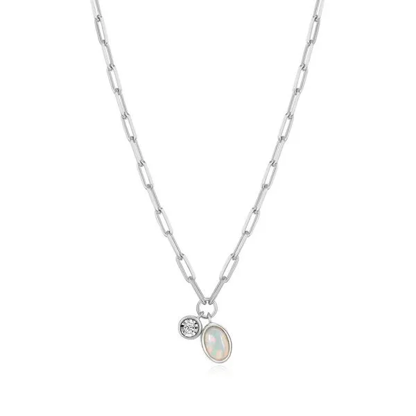 October Birthstone Lab-Created Opal & Lab-Created Diamond Mini Paperclip Necklace in Rhodium-Plated Sterling Silver, 16