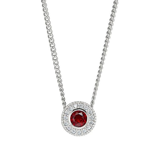 Platinum Finish Sterling Silver Round Simulated Garnet Birth Gem Pendant with Simulated Diamonds on 18 Curb Chain Blocher Jewelers Ellwood City, PA