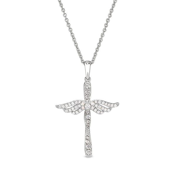 Platinum Finish Sterling Silver Micropave Angel Wings Cross with Simulated Diamonds Blocher Jewelers Ellwood City, PA