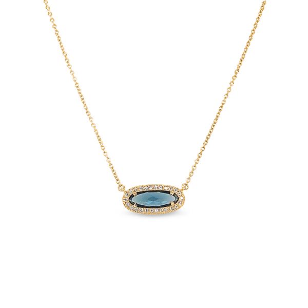 Gold Finish Sterling Silver Micropave Oblong Necklace with Simulated London Blue Topaz and Simulated Diamonds on 16 - 18 Adjustable Chain Blocher Jewelers Ellwood City, PA