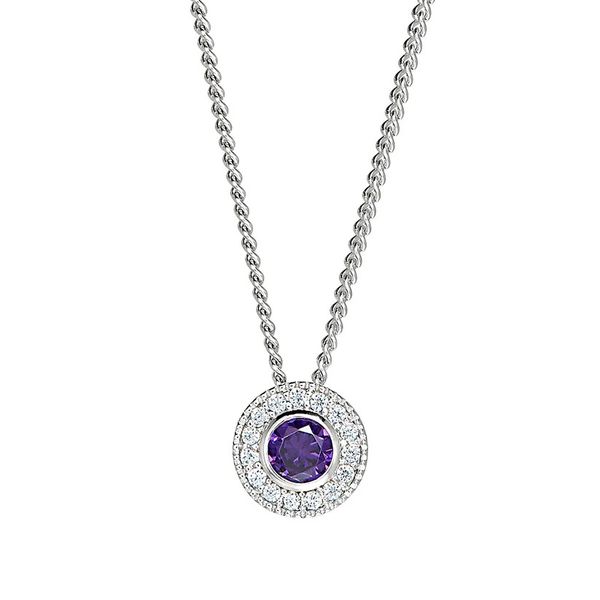 Sterling Silver Micropave Round Simulated Amethyst And Diamond Necklace On 18