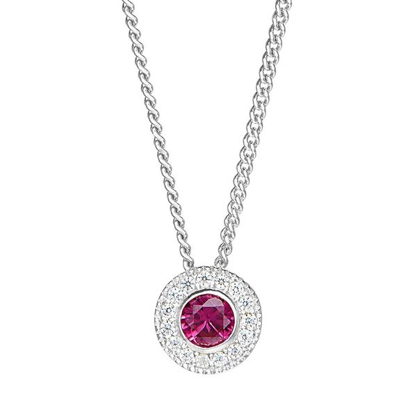 Sterling Silver Micropave Round Simulated Ruby And Diamond Necklace On 18