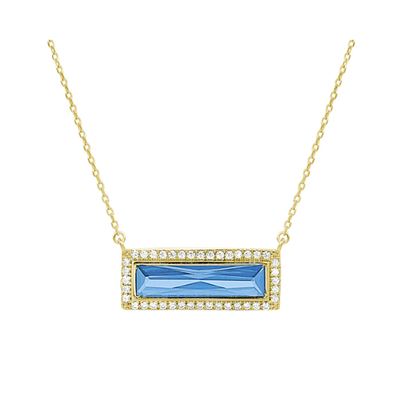 Rectangle Similated Blue Topaz Surrounded by a Halo of Similated Diamonds Necklace, Gold Plated Sterling Silver, 18