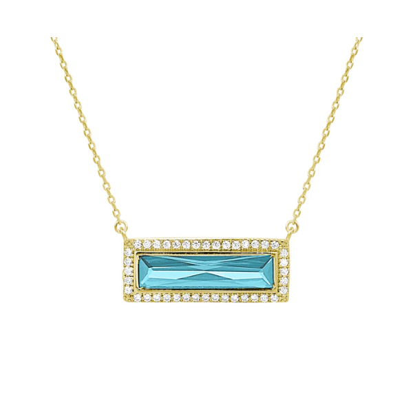 Rectangle Similated Blue Topaz Surrounded by a Halo of Similated Diamonds Necklace, Gold Plated Sterling Silver, 18