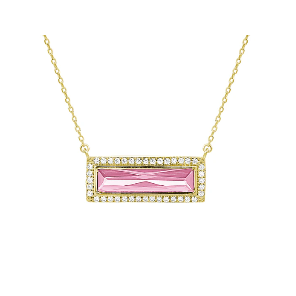 Rectangle Similated Pink Sapphire Surrounded by a Halo of Similated Diamonds Necklace, Gold Plated Sterling Silver, 18