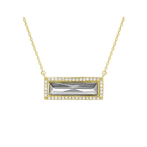 Rectangle Similated Diamond Surrounded by a Halo of Similated Diamonds Necklace, Gold Plated Sterling Silver, 18