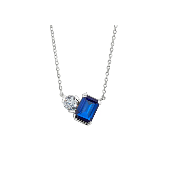 (September) Emerald Cut Similated Sapphire and a Round Similated Diamond Necklace, Sterling Silver, 18