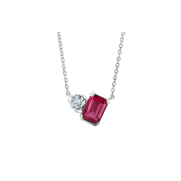 (July) Emerald Cut Similated Ruby and a Round Similated Diamond Necklace, Sterling Silver, 18