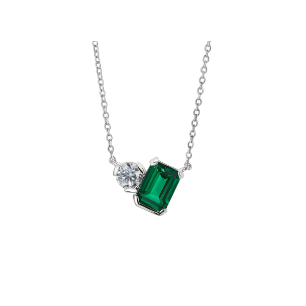 (May) Emerald Cut Similated Emerald and a Round Similated Diamond Necklace, Sterling Silver, 18