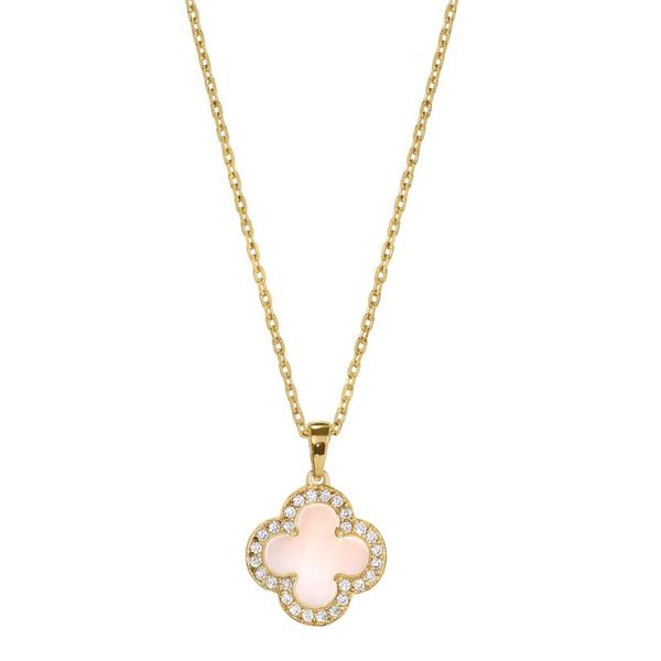 Gold Vermeil Sterling Silver Clover Pendant with Pink Mother of Pearl and Simulated Diamonds on 16
