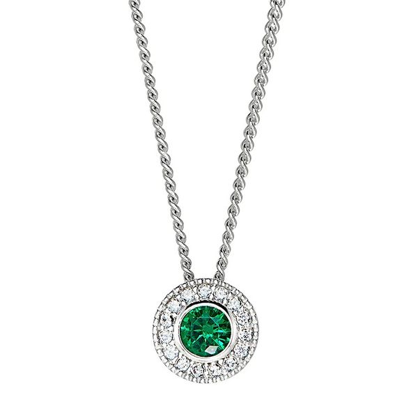 Sterling Silver Micropave Round Simulated Emerald And Diamond Necklace On 18