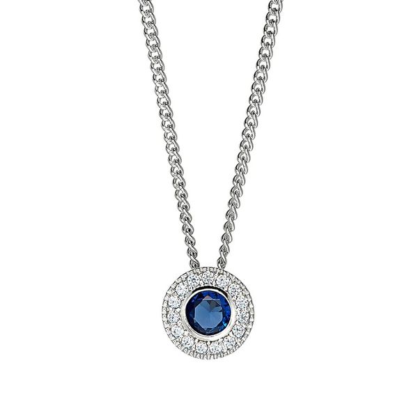 Sterling Silver Micropave Round Simulated Sapphire And Diamond Necklace On 18