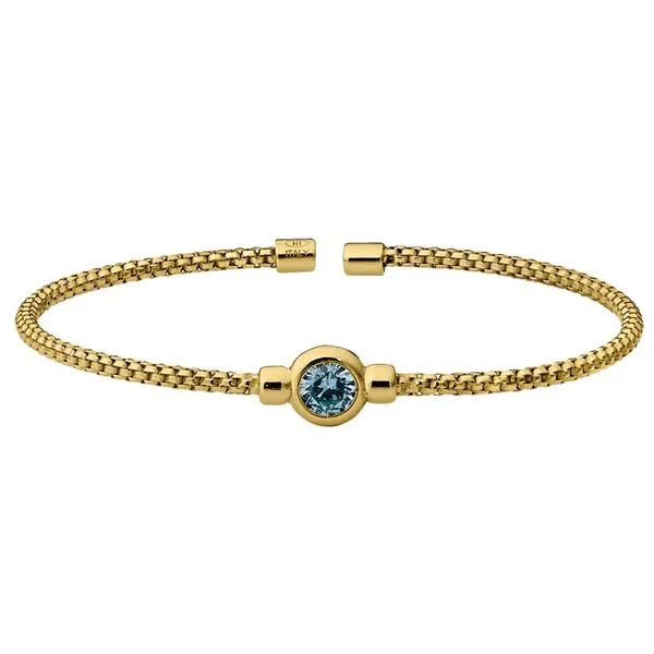Gold Finish Sterling Silver Rounded Box Link Cuff With Bezel Set Simulated Aquamarine Blocher Jewelers Ellwood City, PA