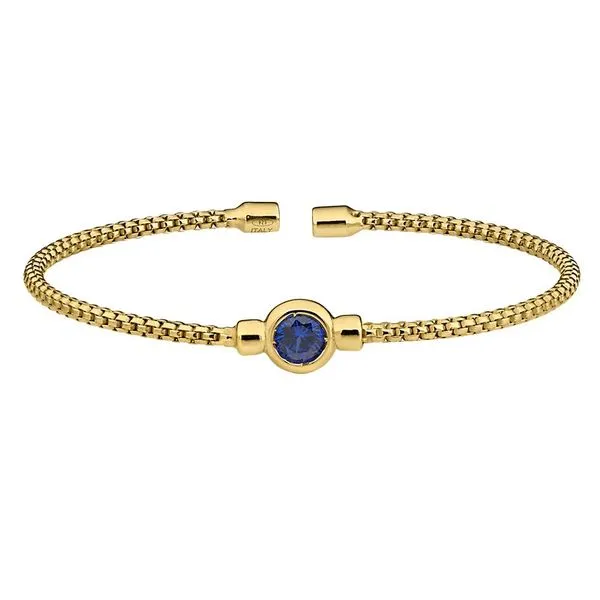Gold Finish Sterling Silver Round Box Link Cuff With Bezel Set Simulated Sapphire Blocher Jewelers Ellwood City, PA