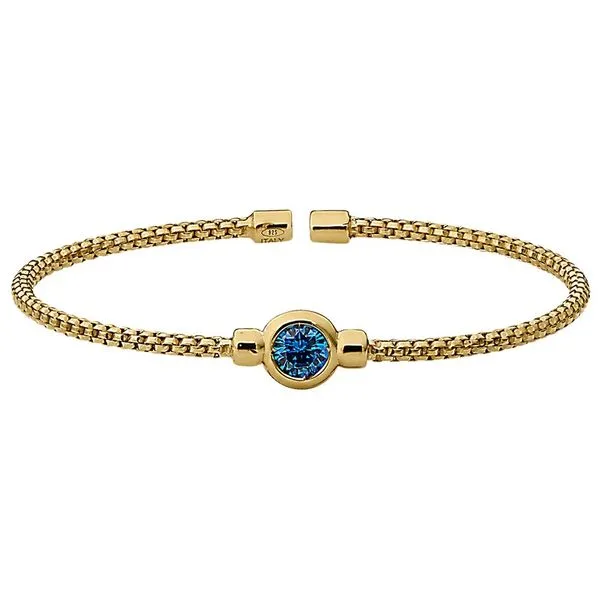Gold Finish Sterling Silver Round Box Link Cuff With Bezel Set Simulated Blue Topaz Blocher Jewelers Ellwood City, PA