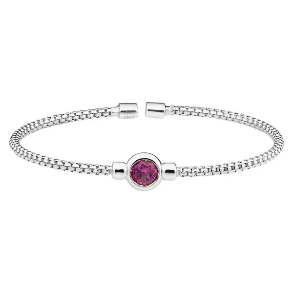 Rhodium Finish Sterling Silver Rounded Box Link Cuff Bracelet with Bezel Set Simulated Ruby Birth Gem Blocher Jewelers Ellwood City, PA