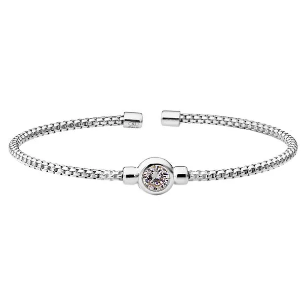 Rhodium Finish Sterling Silver Rounded Box Link Cuff Bracelet with Bezel Set Simulated Diamond Birth Gem Blocher Jewelers Ellwood City, PA