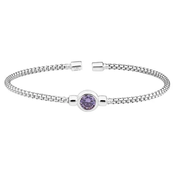 Rhodium Finish Sterling Silver Rounded Box Link Cuff Bracelet with Bezel Set Simulated Light Amethyst Birth Gem Blocher Jewelers Ellwood City, PA