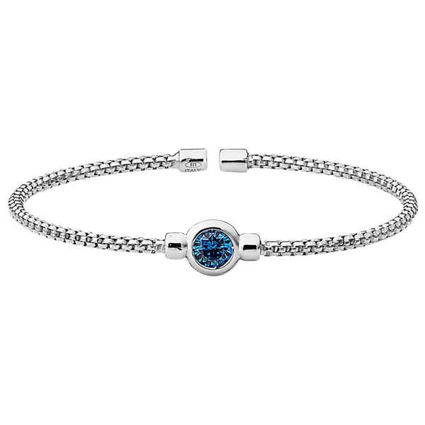 Rhodium Finish Sterling Silver Rounded Box Link Cuff Bracelet with Bezel Set Simulated Blue Topaz Birth Gem Blocher Jewelers Ellwood City, PA