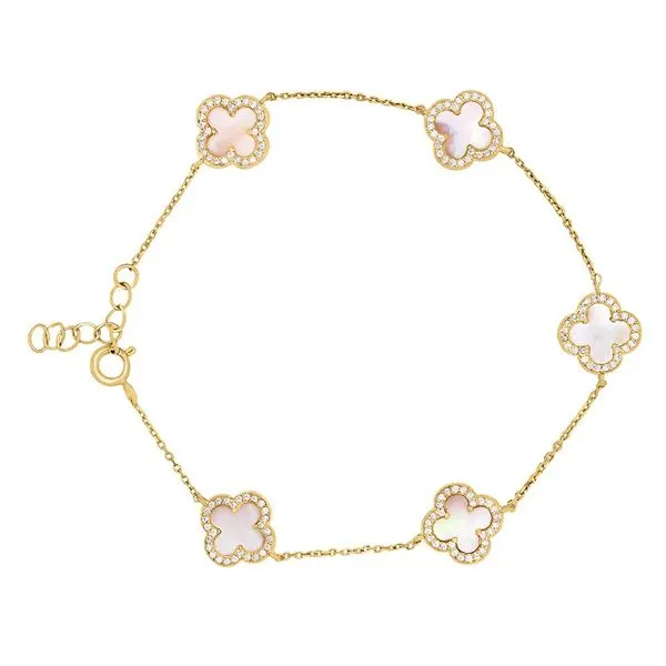 Gold Vermeil Sterling Silver Clover Bracelet with Pink Mother of Pearl and Simulated Diamonds Blocher Jewelers Ellwood City, PA
