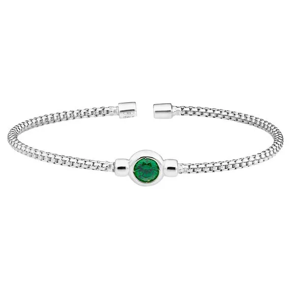 Rhodium Finish Sterling Silver Rounded Box Link Cuff Bracelet with Bezel Set Simulated Emerald Birth Gem Blocher Jewelers Ellwood City, PA