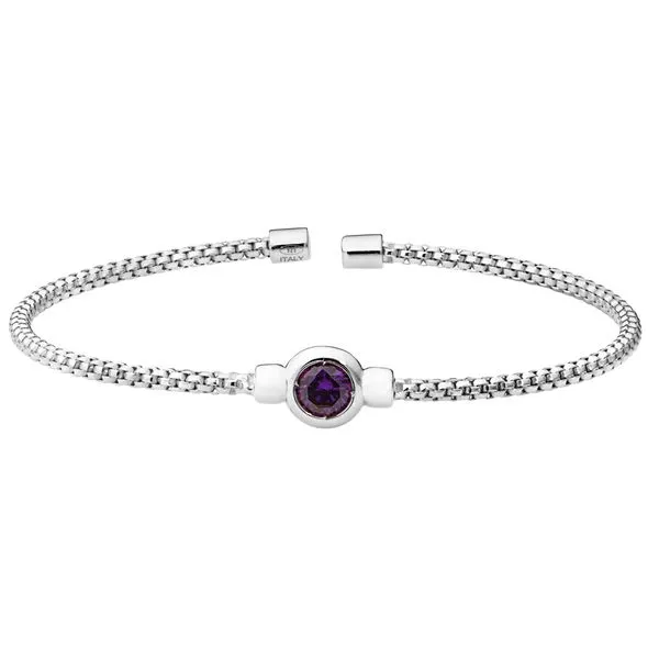 Sterling Silver Rounded Box Link Cuff Bracelet with Bezel Set Simulated Amethyst Birth Gem, Rhodium Finish Blocher Jewelers Ellwood City, PA