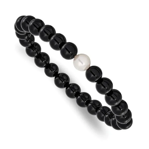 Chisel Black Onyx and White Freshwater Cultured Pearl Beaded Stretch Bracelet Blocher Jewelers Ellwood City, PA