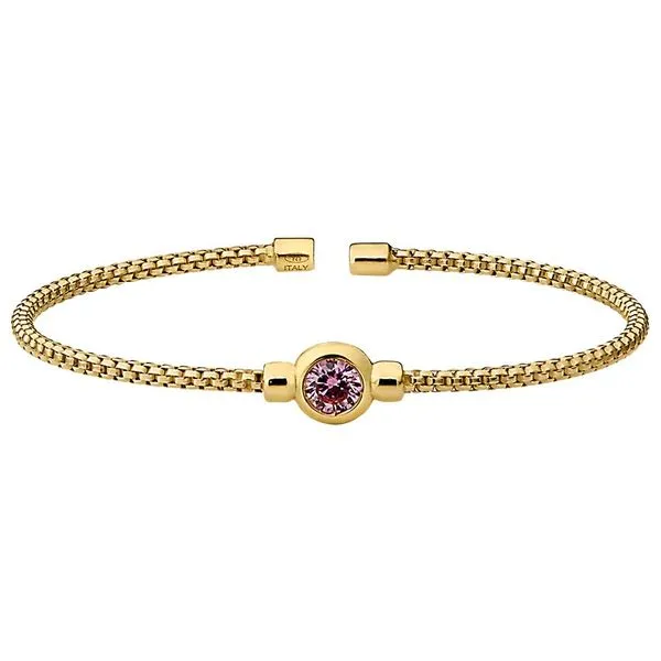 Gold Finish Sterling Silver Round Box Link Cuff With Bezel Set Simulated Pink Sapphire Blocher Jewelers Ellwood City, PA